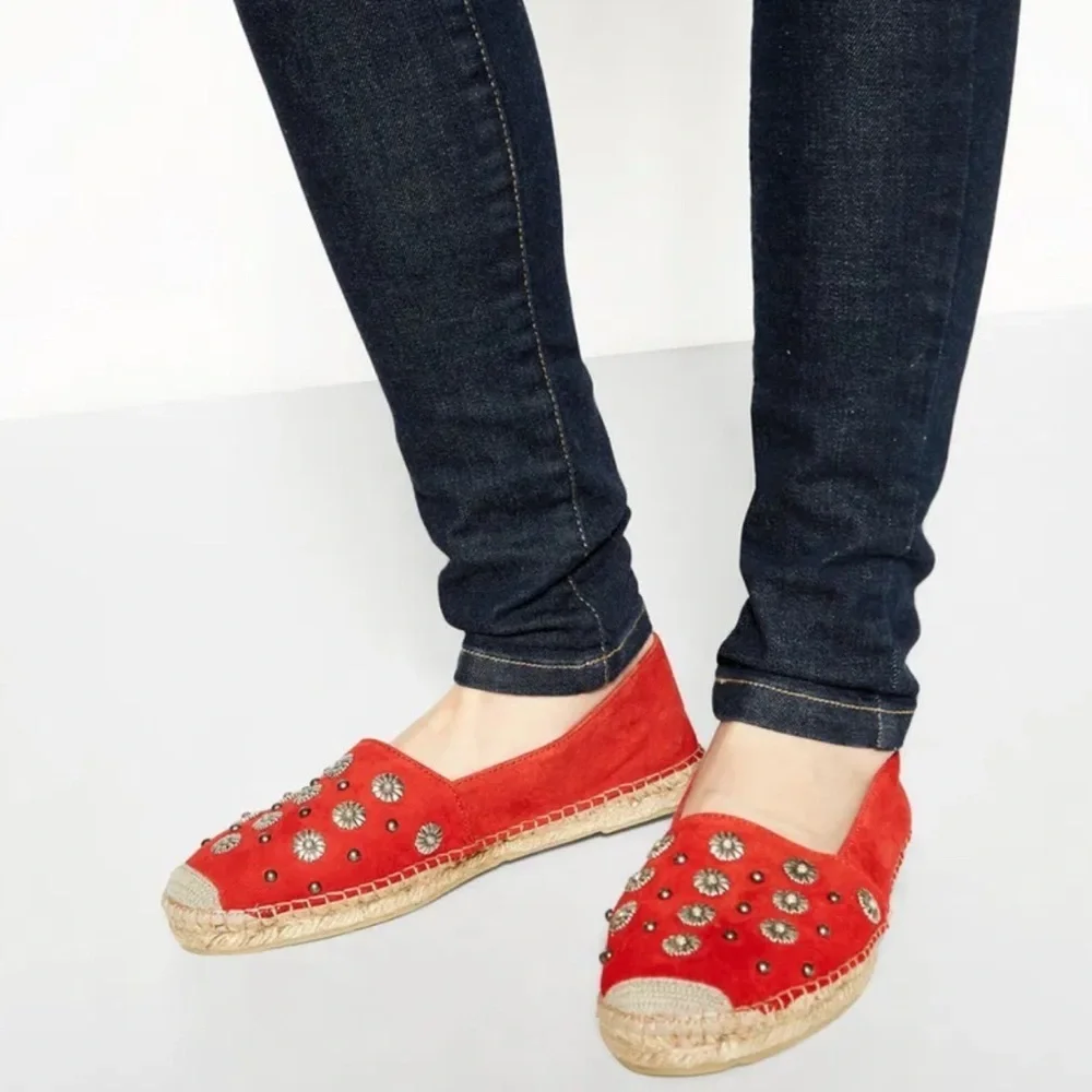 The Kooples Daisy Espadrilles, red, studded, size 37 / 6.5US